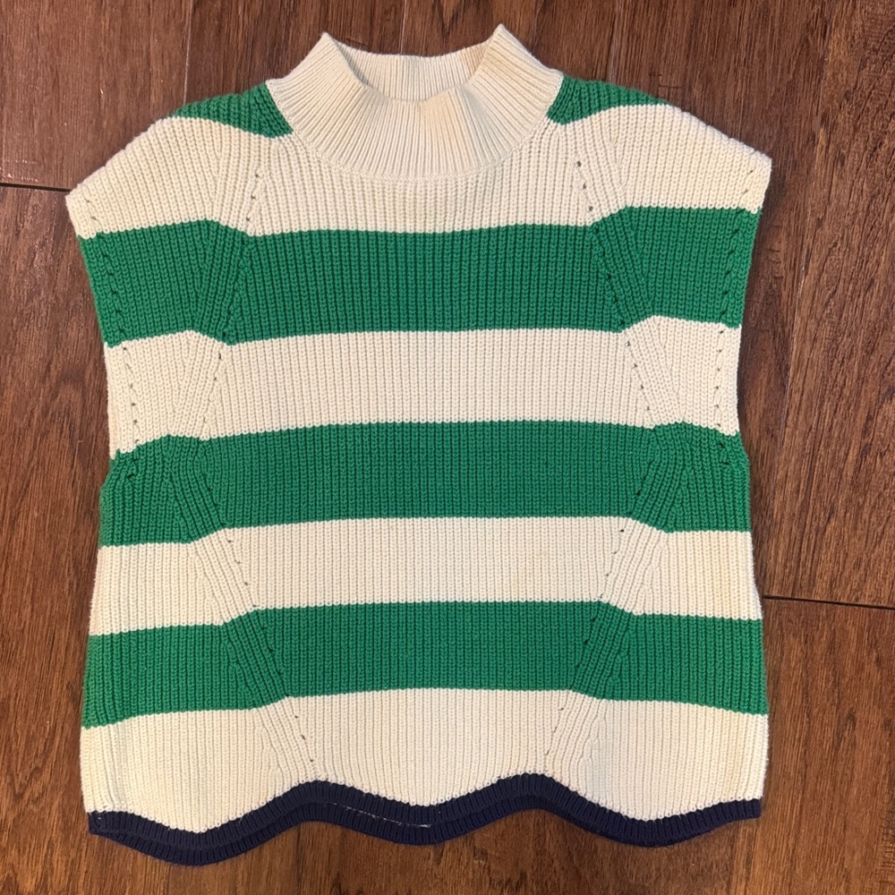 Maeve Green and Cream Striped Sleeveless Crewneck Sweater